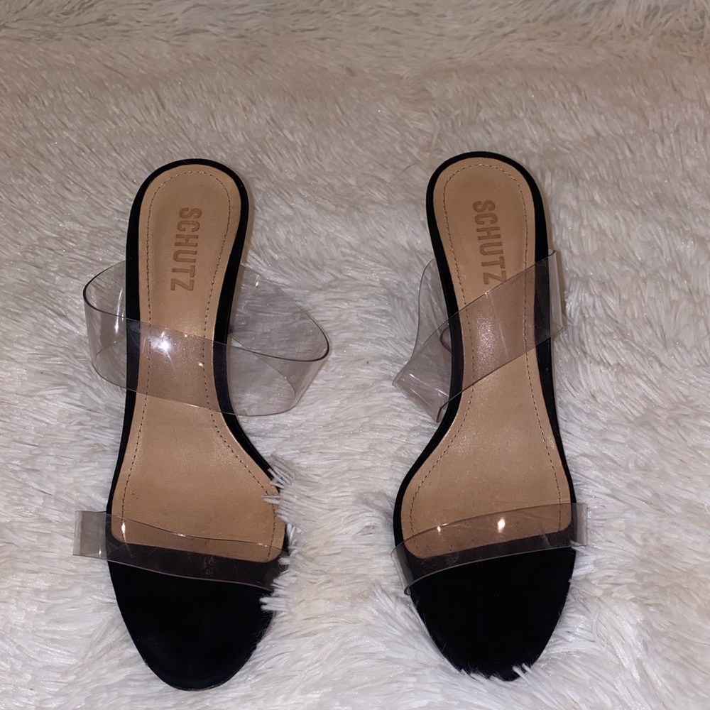 Schutz clear strap black heels